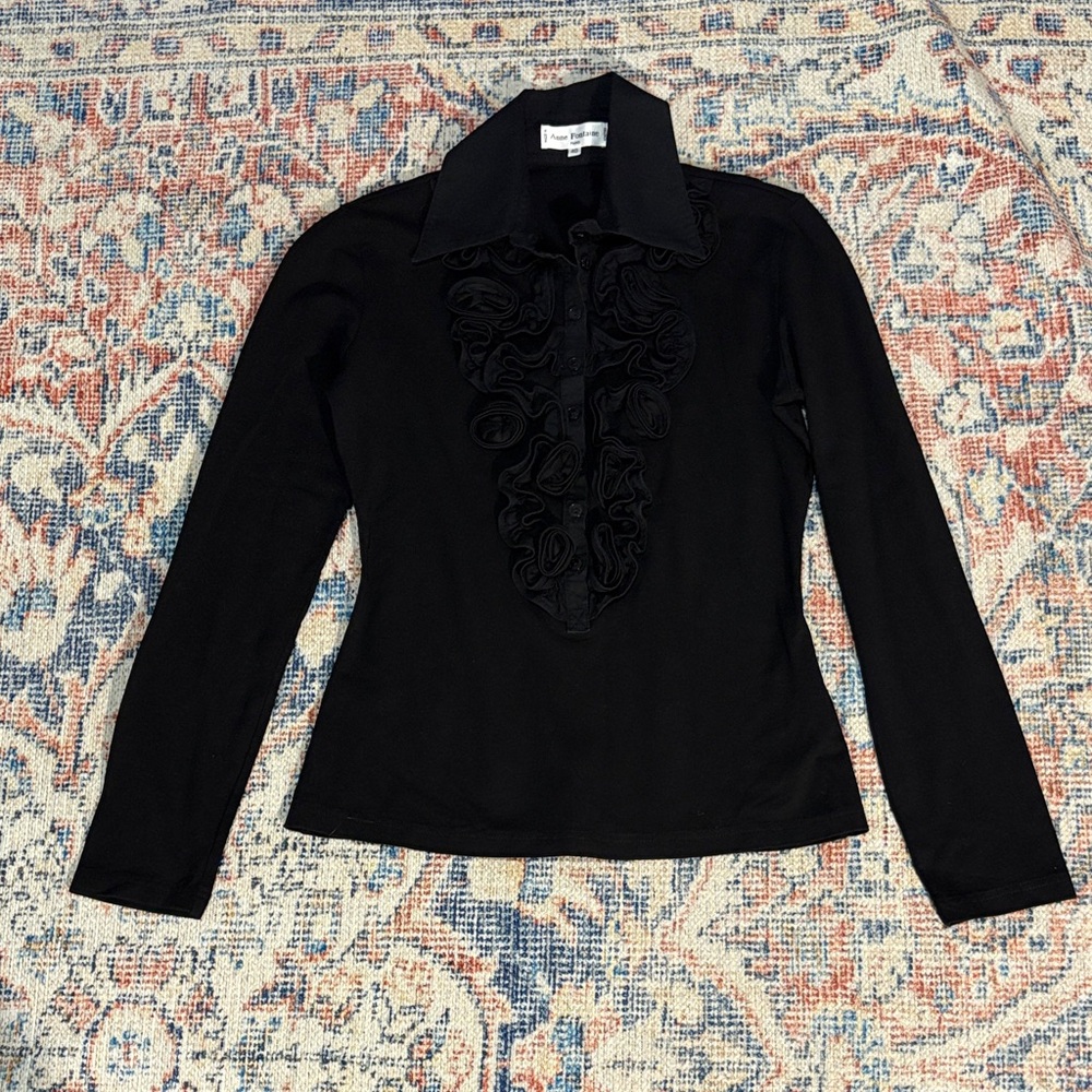 Anne Fontaine Zorine Black Ruffle Rosette Blouse SZ 40/US 6/8 VGUC